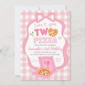 Invitation Pink Bow GinghamLove you TWO pizza birthday (Devant)