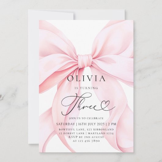 Invitation Pink Bow Girl 3e anniversaire (Devant)