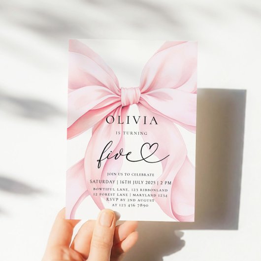 Invitation Pink Bow Girl 5th Birthday 