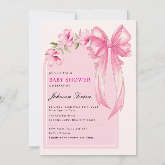 Invitation Pink Bow Girl Baby Shower (Devant)