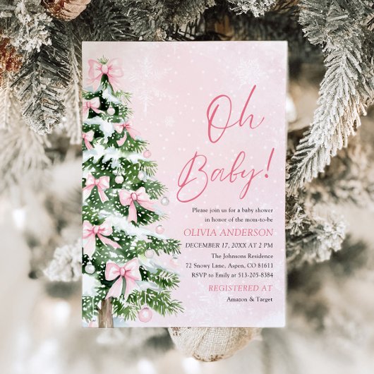 Invitation Pink Bow Girl Christmas Tree Oh Baby Baby shower