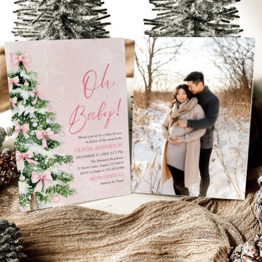 Invitation Pink Bow Girl Christmas Tree Oh Baby Baby shower