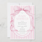 Invitation Pink Bow Girl Coquette Striped Baby Shower (Devant)