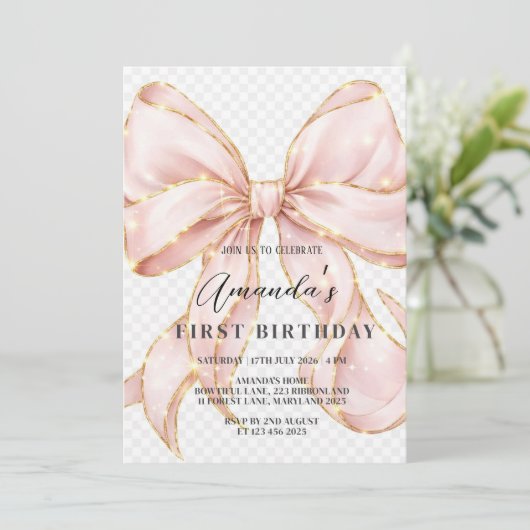 Invitation Pink Bow Girl First Birthday (Debout devant)