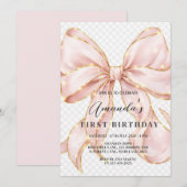 Invitation Pink Bow Girl First Birthday (Devant / Derrière)
