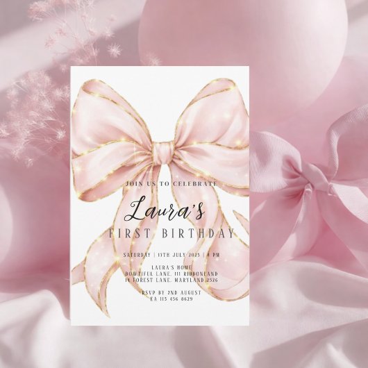 Invitation Pink Bow Girl First Birthday 