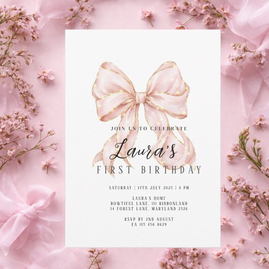 Invitation Pink Bow Girl First Birthday 