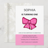 Invitation Pink Bow Girl Kids First Birthday  (Devant / Derrière)