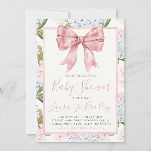 Invitation Pink Bow Girl Preppy Baby shower Sud (Devant)