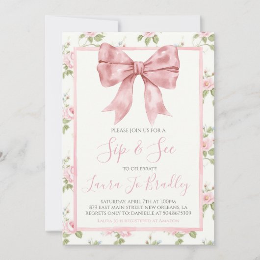 Invitation Pink Bow Girl Preppy Southern Sip & Voir (Devant)