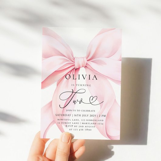 Invitation Pink Bow Girl Second Birthday 