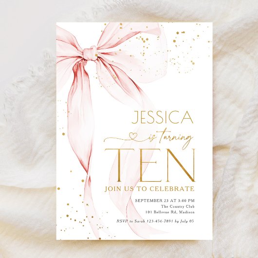 Invitation Pink Bow Girls 10th Birthday 