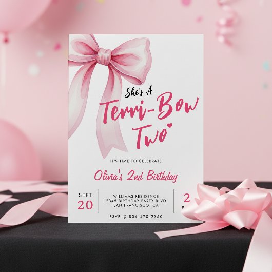 Invitation Pink Bow Girls 2nd Birthday Party Terrible Two
