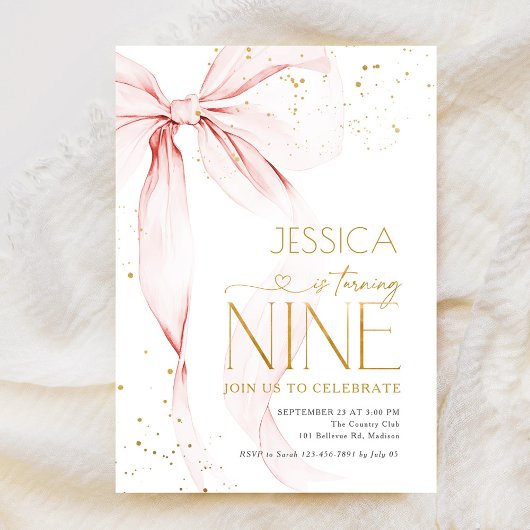 Invitation Pink Bow Girls 9th Birthday 
