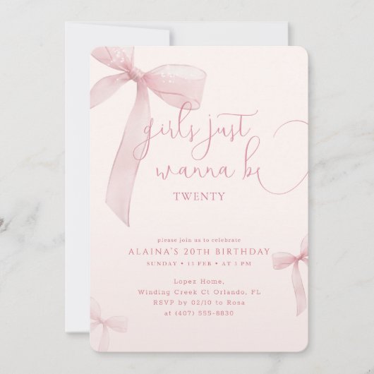 Invitation Pink Bow Girls Just Wanna be Twenty Birthday (Devant)