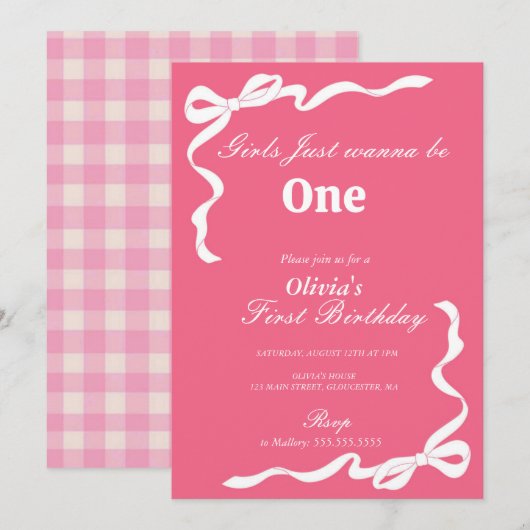 Invitation Pink Bow Girls Veut Juste Être Un 1Er Anniversaire (Devant / Derrière)
