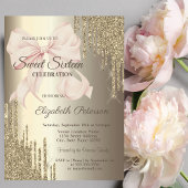 Invitation Pink Bow Glitter Drips Champagne Sweet 16