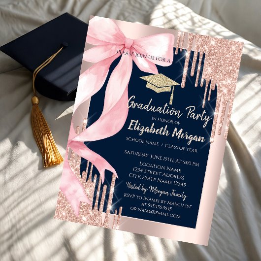 Invitation Pink Bow Glitter Grad Cap,Drips Navy Blue  