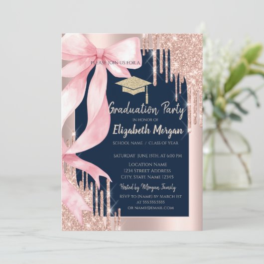 Invitation Pink Bow Glitter Grad Cap,Drips Navy Blue (Debout devant)
