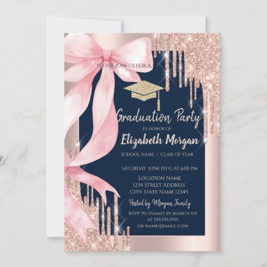 Invitation Pink Bow Glitter Grad Cap,Drips Photo Navy Blue   (Devant)