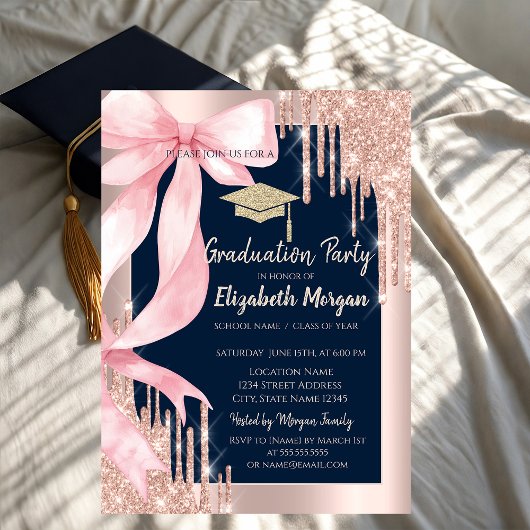 Invitation Pink Bow Glitter Grad Cap,Drips Photo Navy Blue  