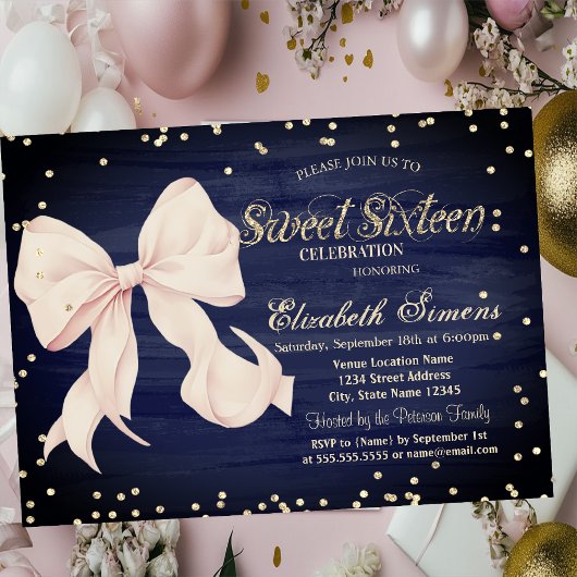 Invitation Pink Bow Gold Diamonds Navy Blue Sweet 16