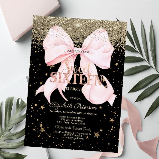 Invitation Pink Bow Gold Diamonds Stars Black Sweet 16