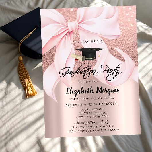 Invitation Pink Bow Grad Cap Rose Gold Glitter Graduation