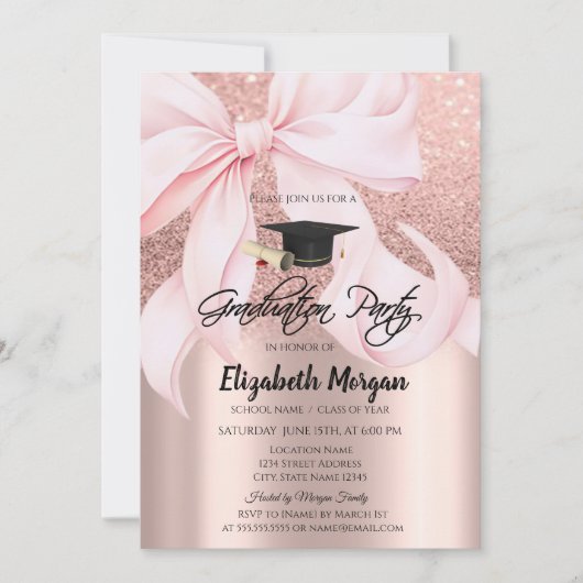 Invitation Pink Bow Grad Cap Rose Gold Glitter Graduation (Devant)