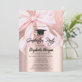 Invitation Pink Bow Grad Cap Rose Gold Glitter Graduation (Debout devant)