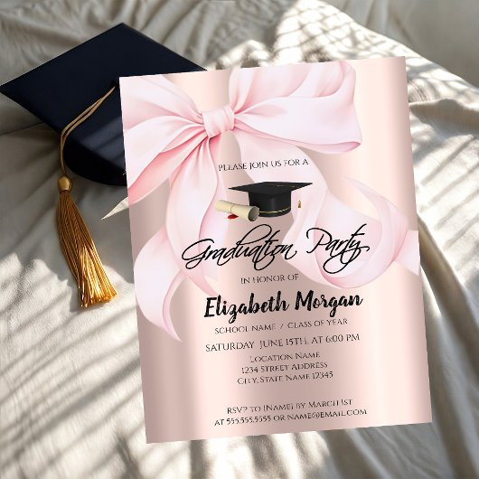 Invitation Pink Bow Grad Cap Rose Gold Your Photo Graduation