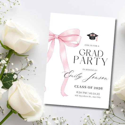 Invitation Pink Bow Graduation Party Coquette Modern Graduate