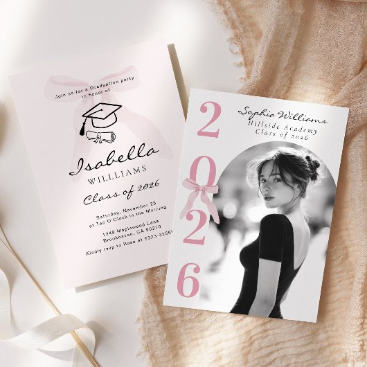 Invitation Pink Bow Graduation Photo Black and White