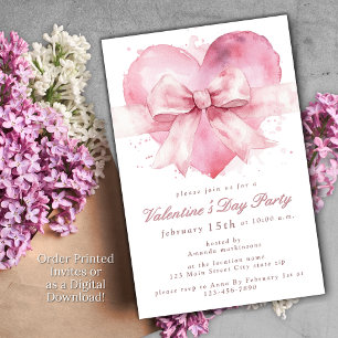 Invitation Pink Bow Heart Aquarelle Saint Valentin
