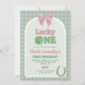 Invitation Pink Bow Horseshoe Clover Lucky One Birthday (Devant)