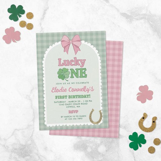Invitation Pink Bow Horseshoe Clover Lucky One Birthday