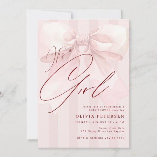 Invitation Pink bow its a girl script girl baby shower (Devant)