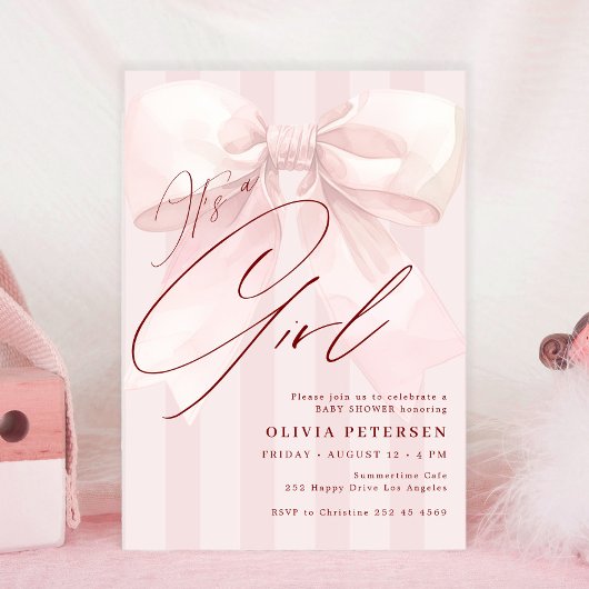 Invitation Pink bow its a girl script girl baby shower