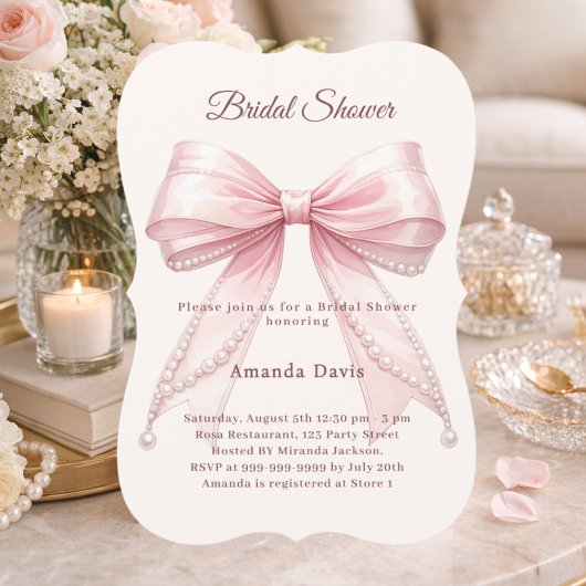 Invitation Pink bow ivory pearls elegant Bridal Shower