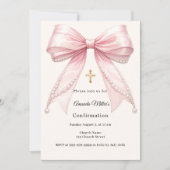Invitation Pink bow ivory pearls girl elegant Confirmation (Devant)