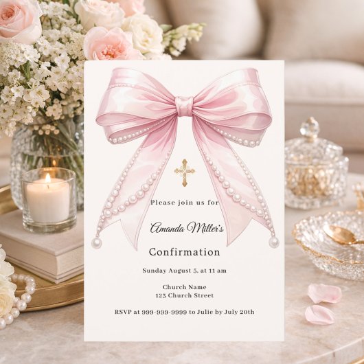 Invitation Pink bow ivory pearls girl elegant Confirmation