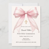 Invitation Pink bow ivory pearls girl elegant First Communion (Devant)
