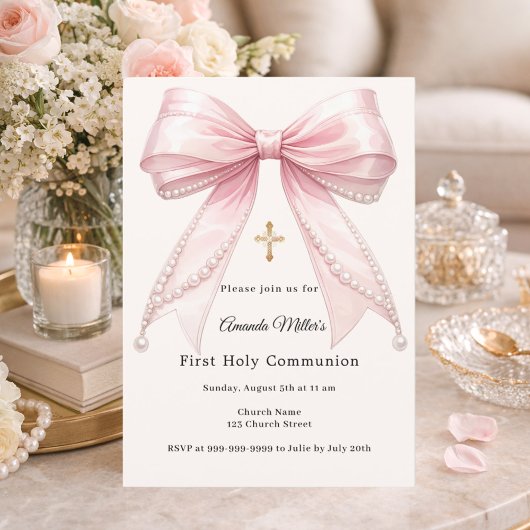 Invitation Pink bow ivory pearls girl elegant First Communion