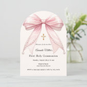 Invitation Pink bow ivory pearls girl First Communion Arch (Debout devant)