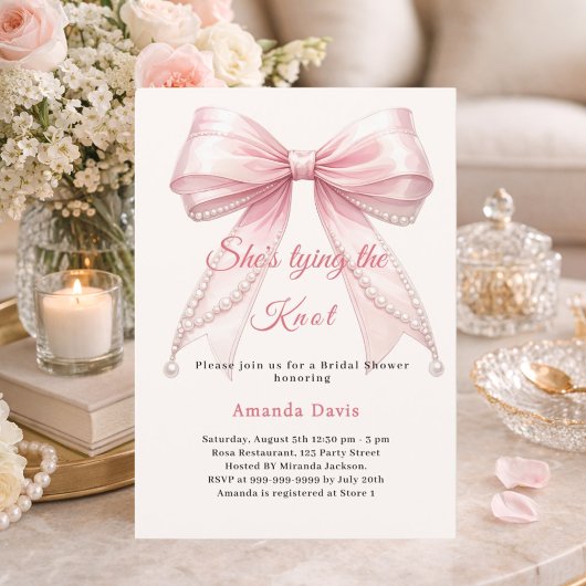 Invitation Pink bow ivory pearls tying knot Bridal Shower