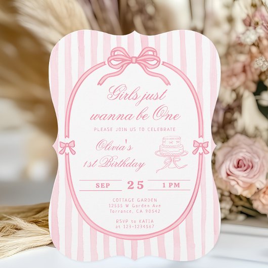 Invitation Pink Bow Just Wanna be One First Birthday