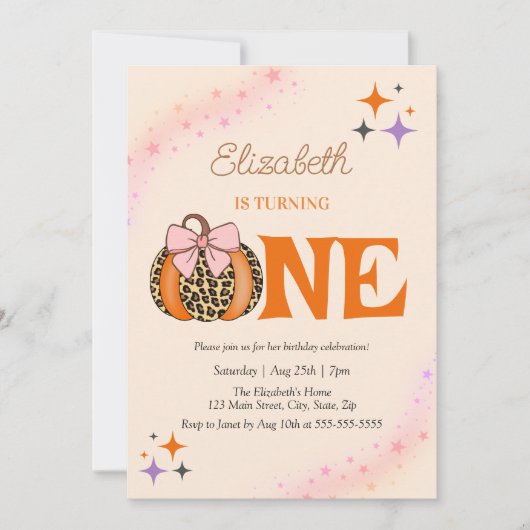 Invitation Pink Bow Leopard Citrouille fille 1er anniversaire (Devant)