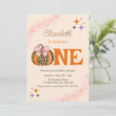 Invitation Pink Bow Leopard Citrouille fille 1er anniversaire (Debout devant)