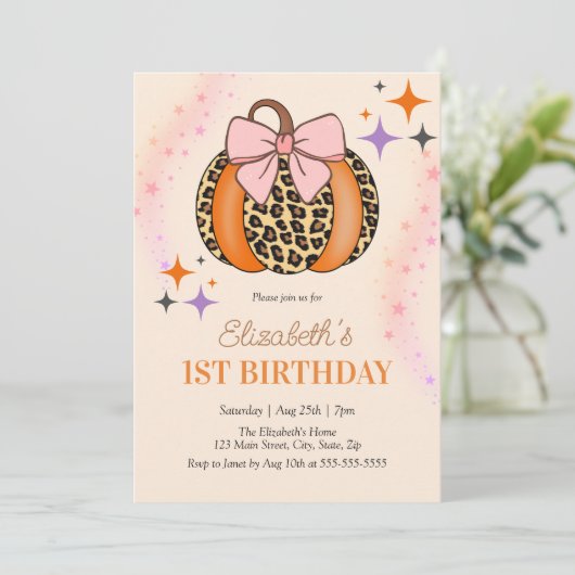 Invitation Pink Bow Leopard Citrouille fille Halloween Annive (Debout devant)