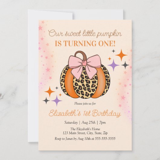 Invitation Pink Bow Leopard Little Sweet Citrouille Anniversa (Devant)